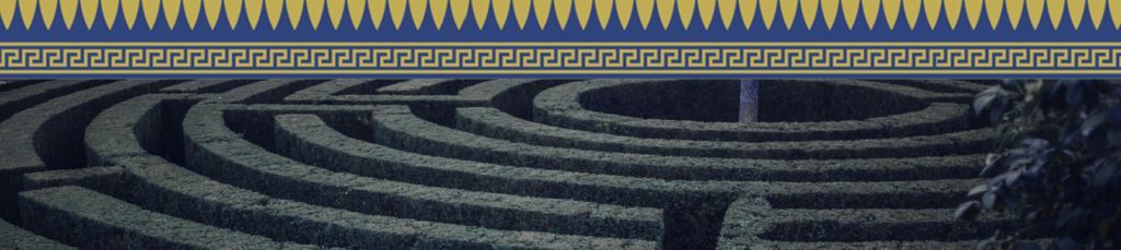 labyrinth decorated with a blue and gold Greek frieze