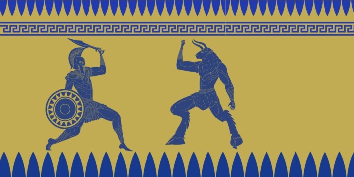 fregio greco oro e blu con Teseo che lotto contro il Minotauro