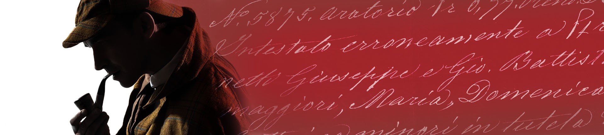 Sagoma di Sherlock Holmes con testo scritto a mano su sfondo rosso