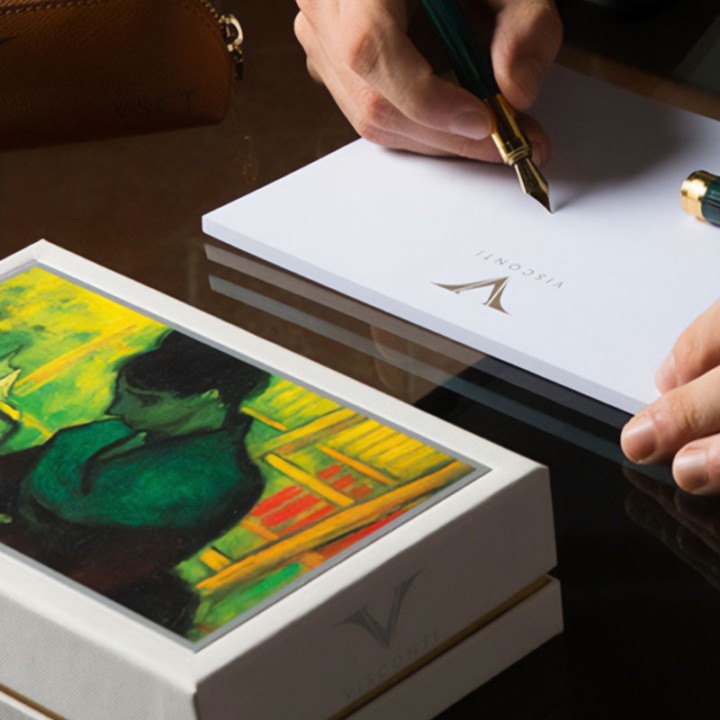 Van Gogh The Novel Reader pen case with hand writing on Visconti letterhead