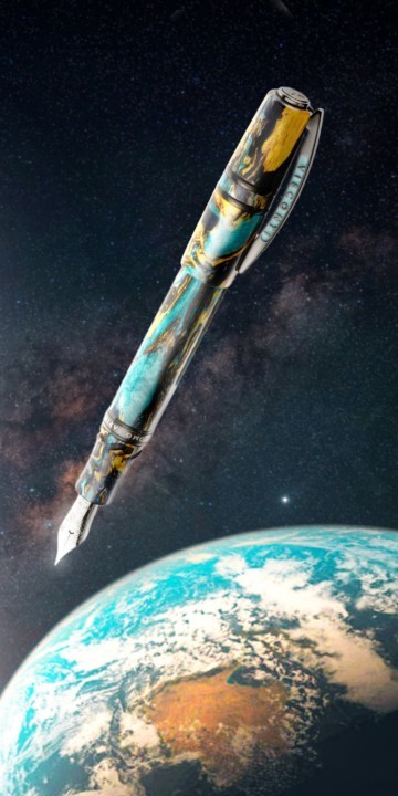 Visconti Homo Sapiens Earth Origins in the Earth version suspended in space and hovering over planet earth.