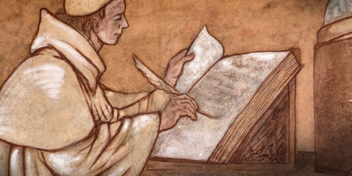 Dipinto di un monaco amanuense che scrive in un manoscritto
