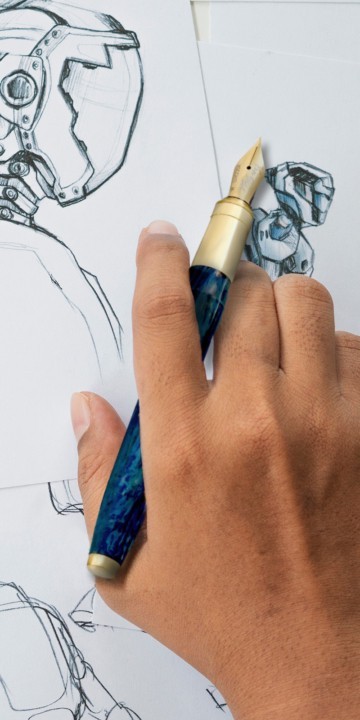 Pen illustration of robot with Visconti Van Gogh fountain pen