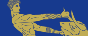 Teseo che tiene il Minotauro per le corne nello stile di un fregio greco in blu e oro.