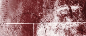 Illustrazione Leonardo da Vinci in negativo (bianco su rosso) con sequenza di Fibonacci